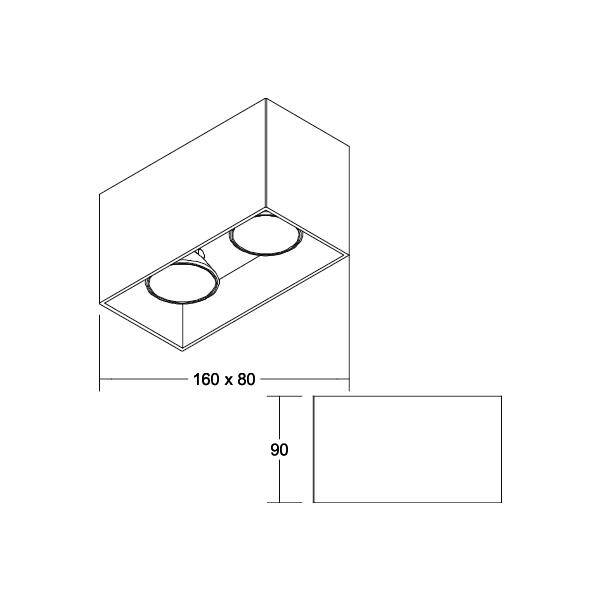 Disegno tecnico di una lampada da soffitto rettangolare con dimensioni di 160 x 80 mm e un'altezza di 90 mm, che mostra due luci circolari.