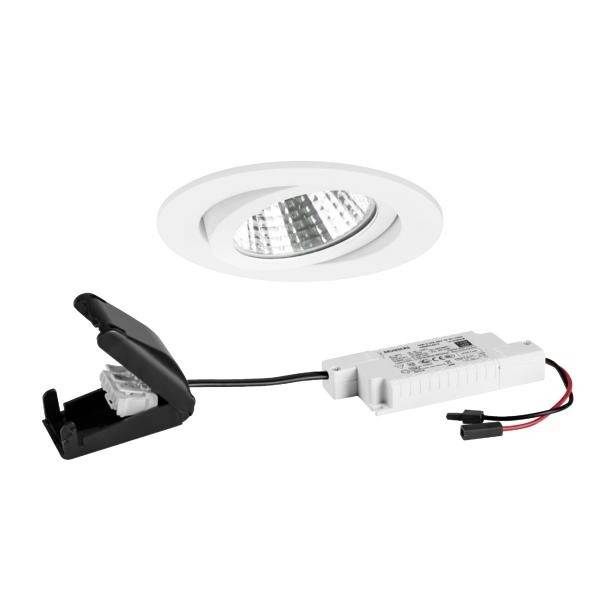 Faretto LED da incasso con cornice bianca e alloggiamento esterno del driver. Adatto per illuminazione di interni, in particolare per ambienti residenziali e commerciali.