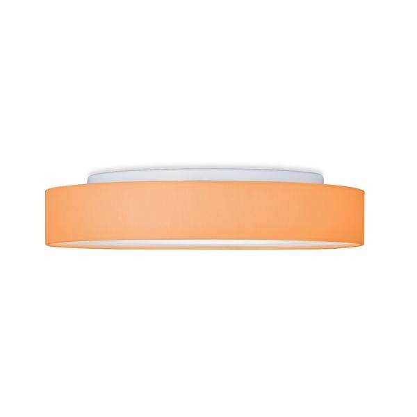 Una plafoniera rotonda con un paralume semplice color arancione che emana luce verso il basso.