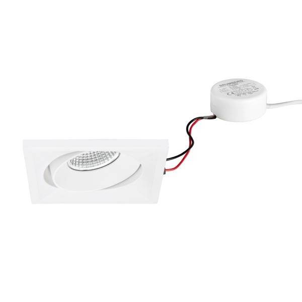 Un faretto da incasso quadrato bianco con tecnologia LED, collegato a un'unità trasformatore rotonda bianca tramite cavo.