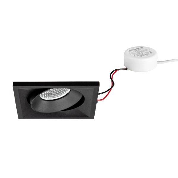 Spot LED rettangolare nero con luce interna leggermente inclinata e driver esterno, collegati mediante cavi rossi e neri.