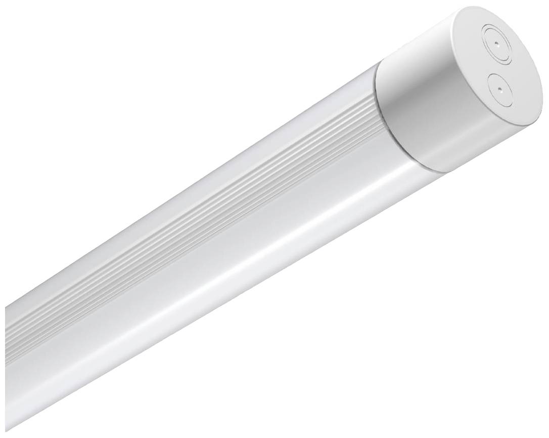Barra luminosa LED in forma cilindrica con superficie scanalata e due bottoni su un'estremità; adatta per scopi di illuminazione.