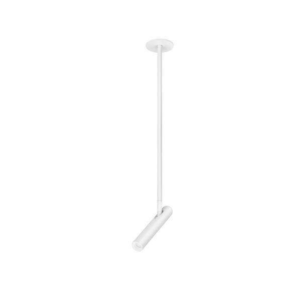 Una lampada a sospensione bianca e minimalista con un paralume cilindrico sottile, appesa a un soffitto.