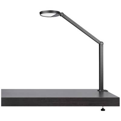 Elegante lampada da tavolo nera con braccio flessibile e testa rotonda luminosa, posizionata su un tavolo moderno scuro.