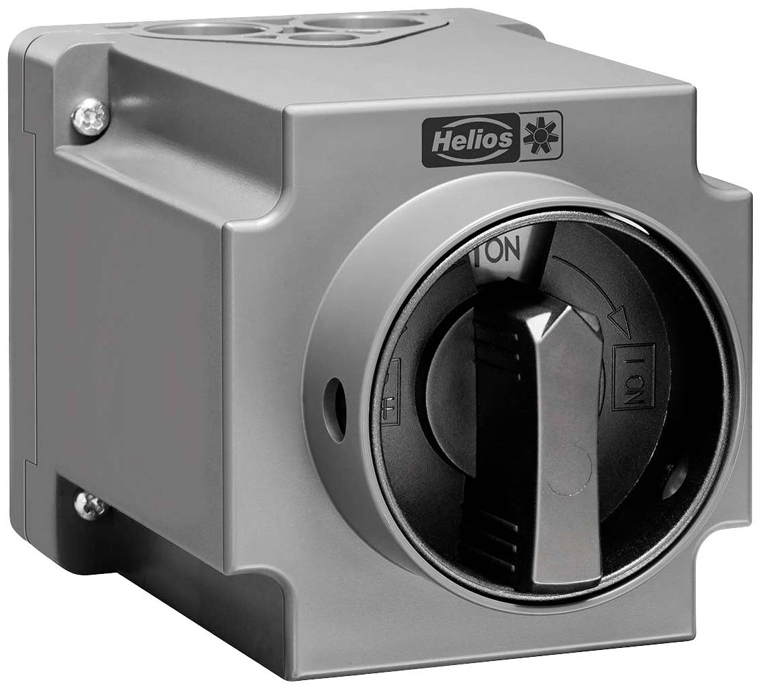 Interruttore industriale grigio Helios con grande maniglia nera girevole. Componente importante nei sistemi elettrici.