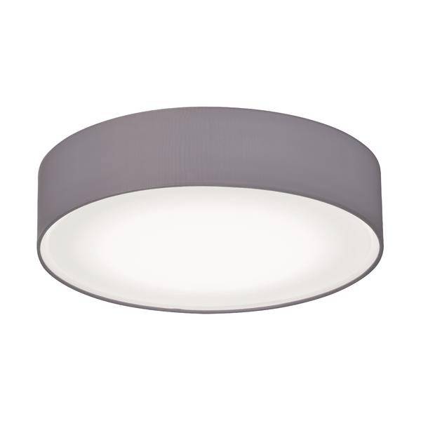 Plafoniera grigia, rotonda, con luce morbida e diffusa in modo uniforme.