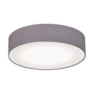 Plafoniera grigia, rotonda, con luce morbida e diffusa in modo uniforme.