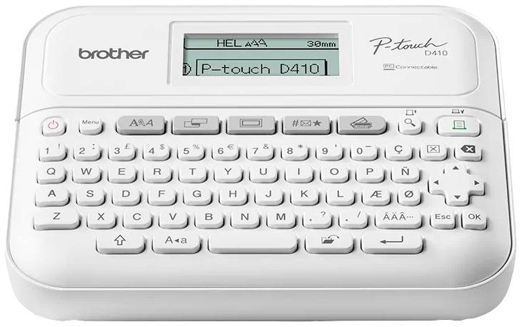 Un dispositivo di etichettatura elettronico bianco con tastiera QWERTZ e display che mostra 'P-touch D410'.