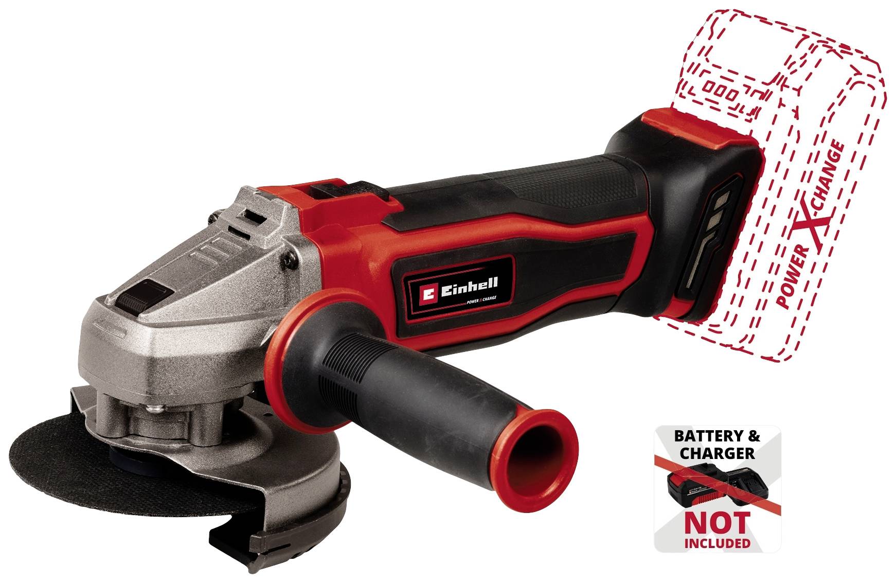 Levigatrice agli accumulatori in nero e rosso con interruttore On/Off. Nota: 'Batteria e caricabatterie non inclusi'. Compatibile con il sistema Einhell Power X-Change.