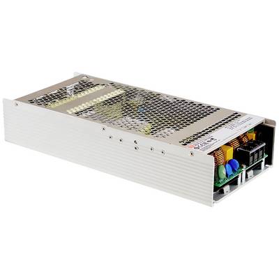 Un alimentatore rettangolare con fessure di ventilazione sulla parte superiore e componenti elettronici visibili sul lato destro.