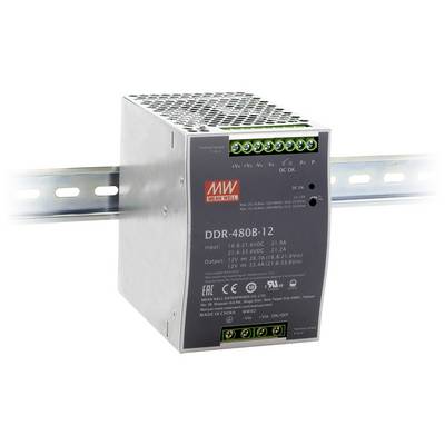 Alimentatore industriale con involucro metallico, montato su guida DIN. La parte anteriore mostra le specifiche di ingresso e uscita e i morsetti di connessione.