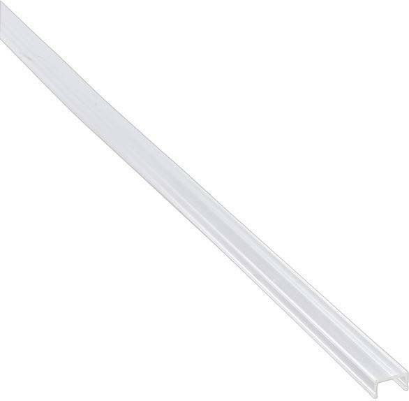 Striscia lunga e stretta in plastica a profilo L, trasparente, probabilmente utilizzata come protezione per bordi o copertura.