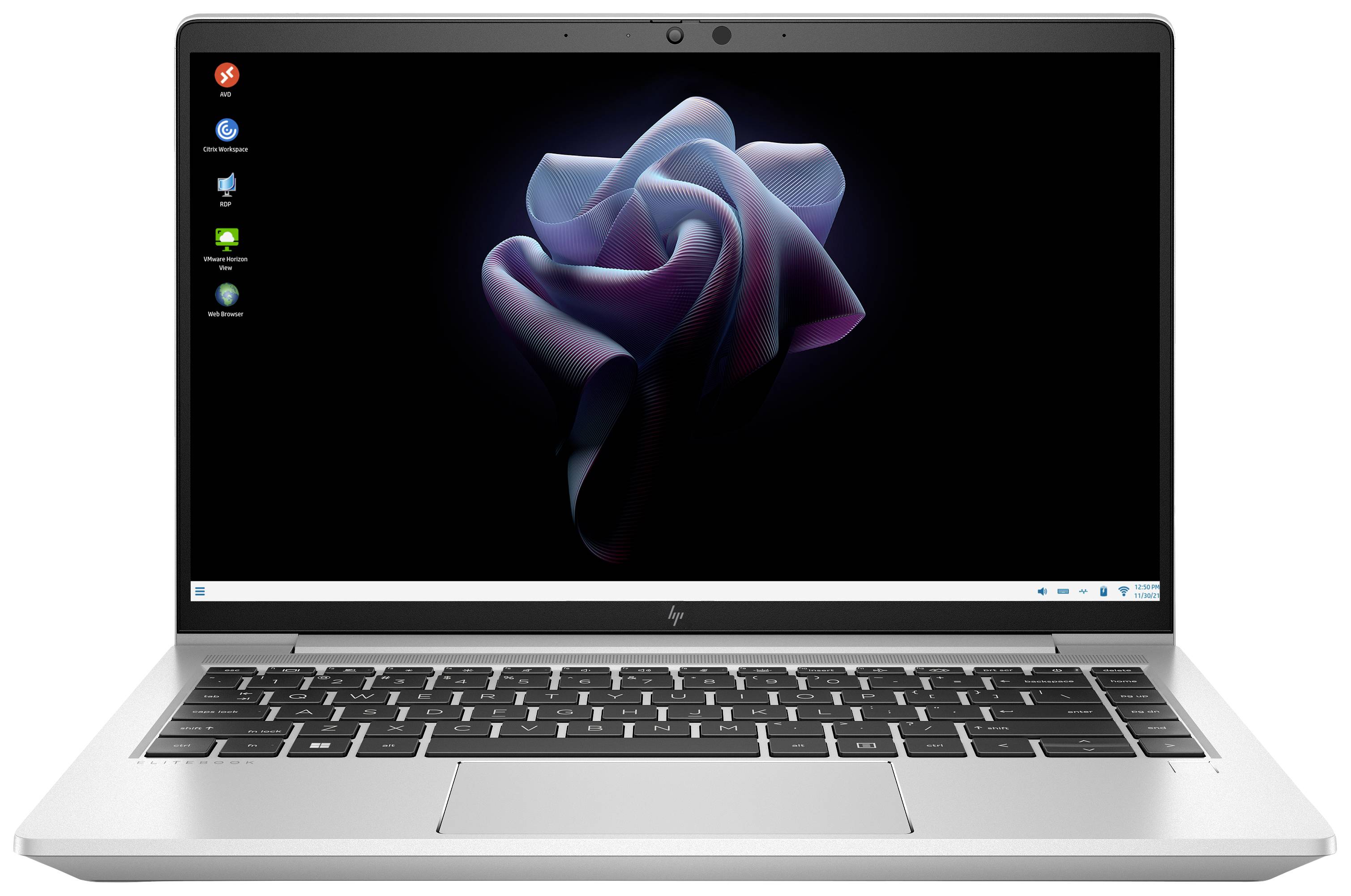 Un laptop aperto con un display che mostra un'opera d'arte astratta 3D su sfondo nero.