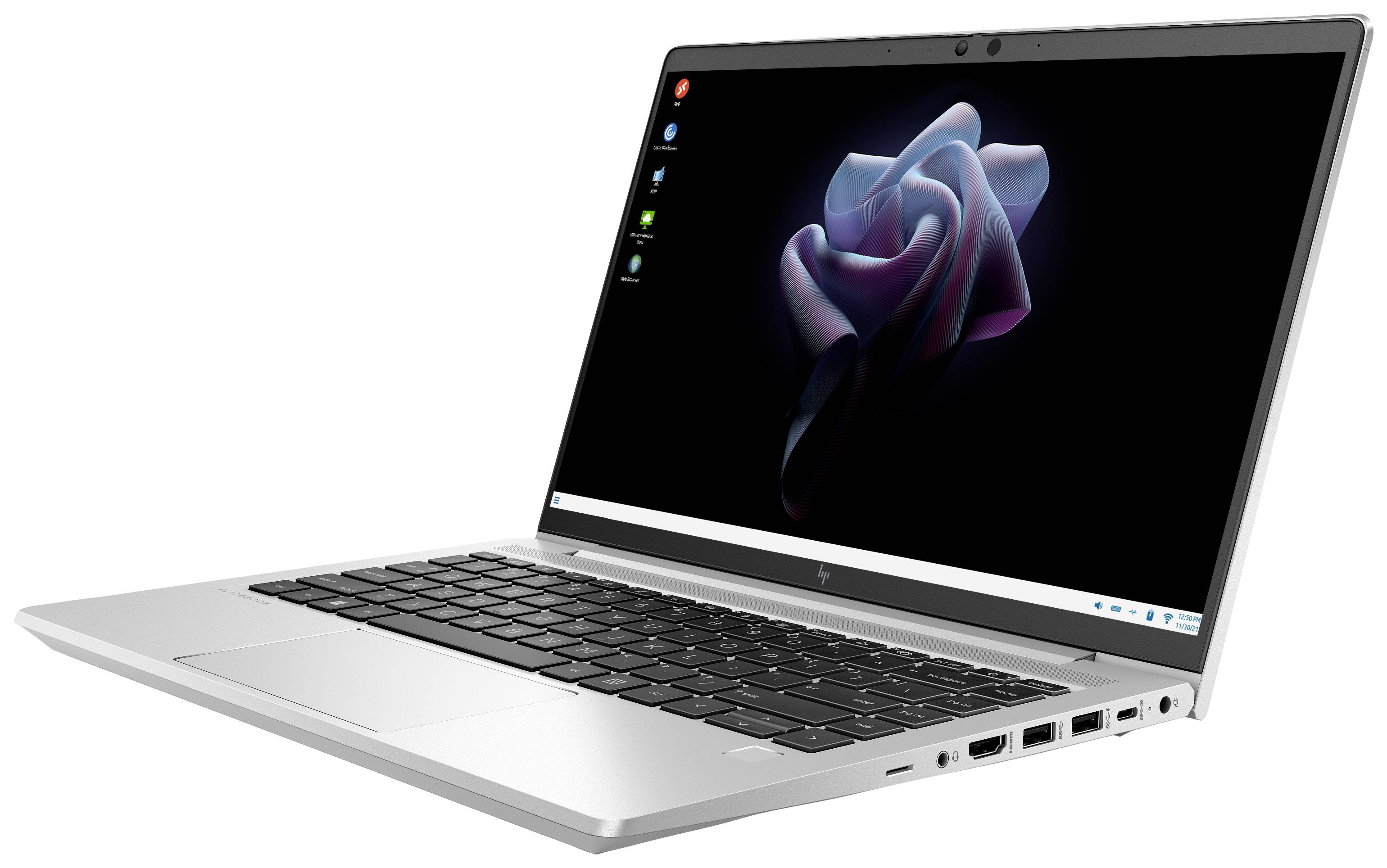 Un laptop moderno con schermo aperto mostra un design astratto come sfondo. Il dispositivo ha una tastiera argento.