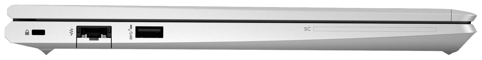 Vista laterale di un laptop argentato chiuso con porte Ethernet, USB e Mini Display Port sul lato sinistro.