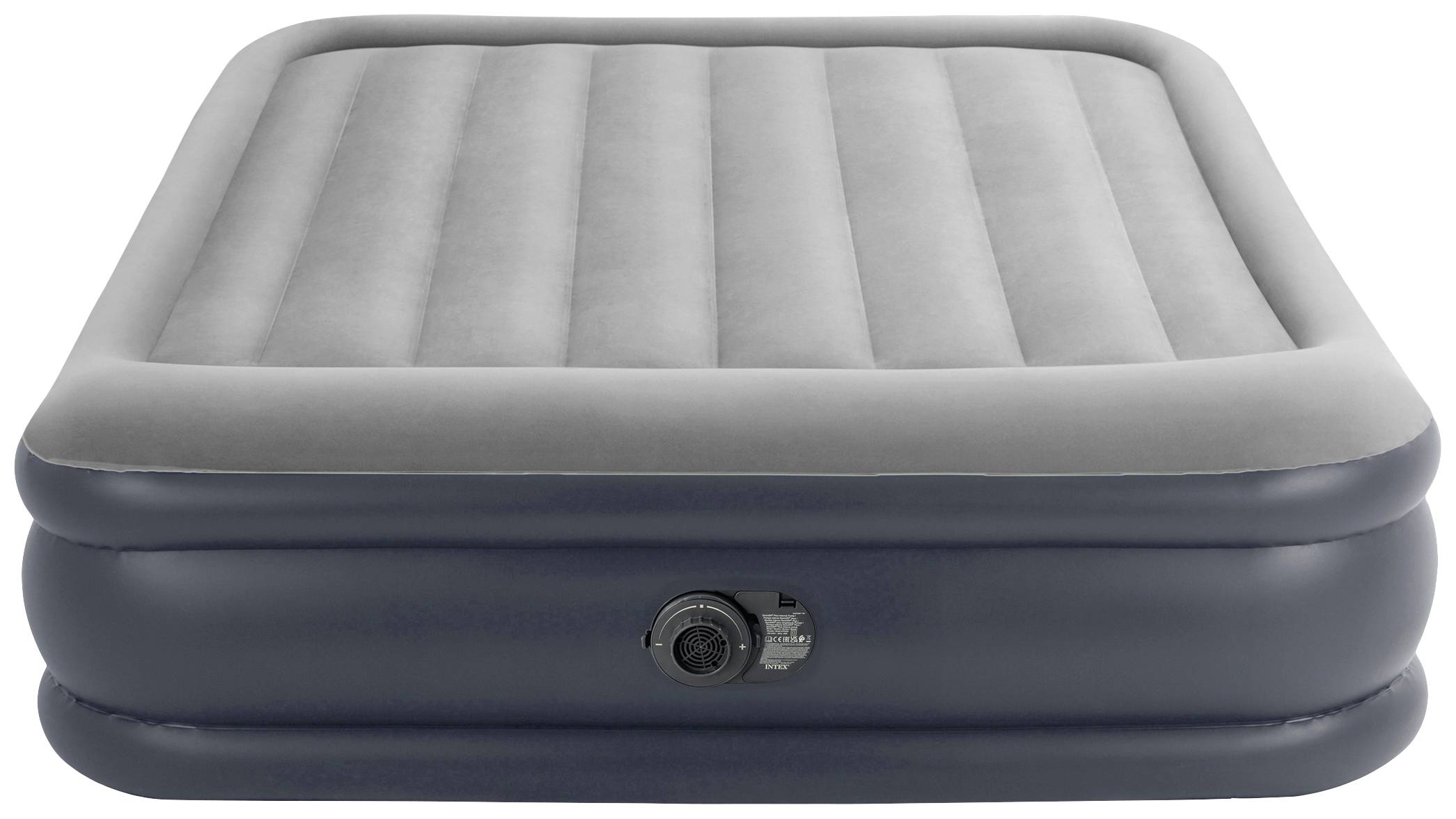 Materasso gonfiabile in grigio e blu con pompa integrata, vista laterale. Ideale per campeggio o pernottamenti degli ospiti.