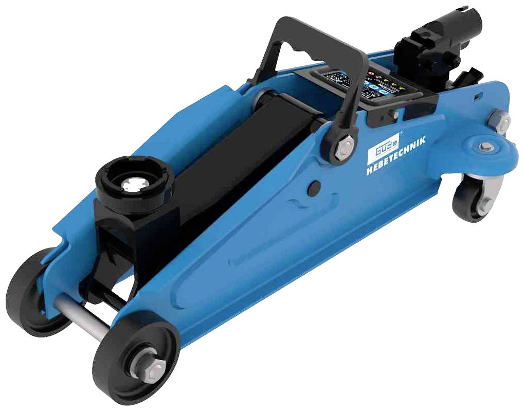 Sollevatore idraulico blu su ruote, pronto per sollevare il veicolo.