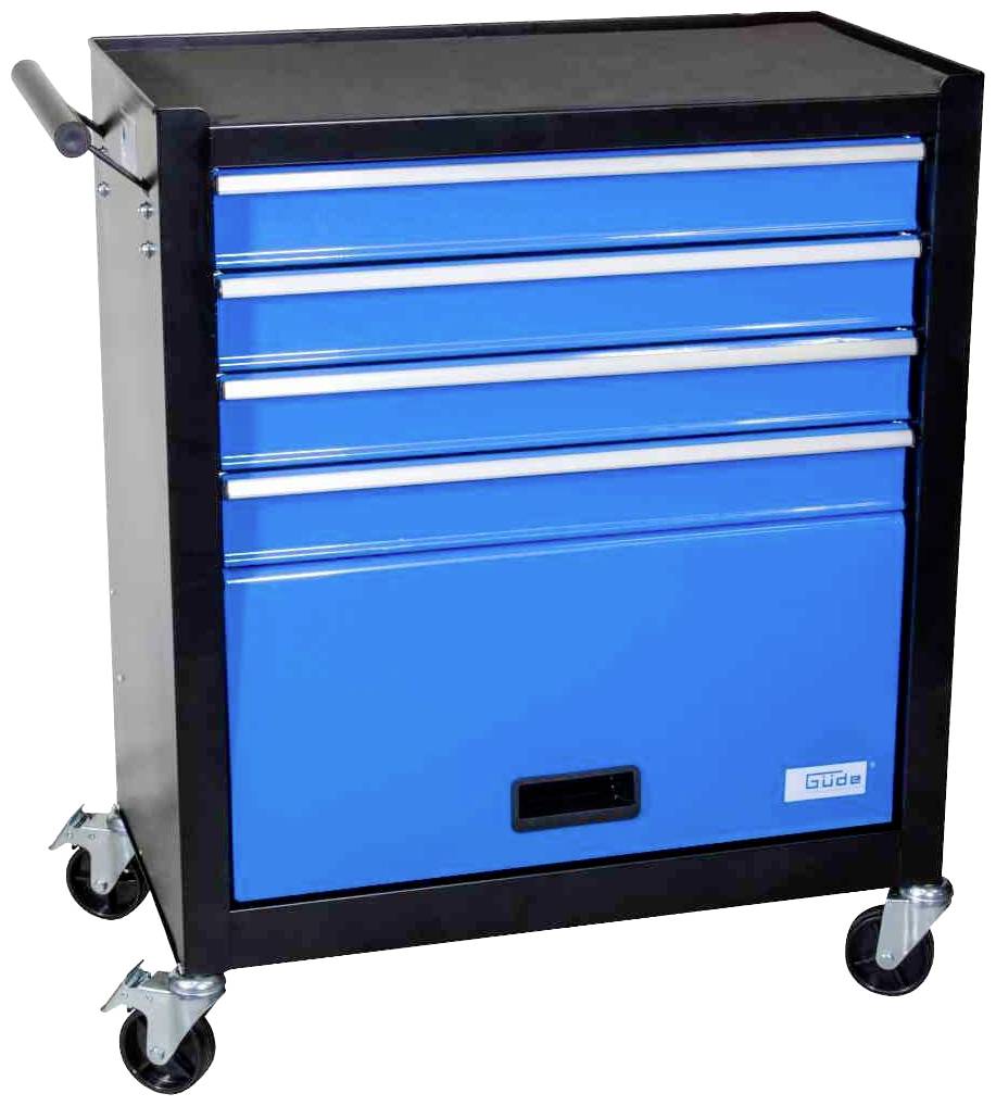 Carrello porta attrezzi blu con tre cassetti su ruote, impugnatura sul lato sinistro, idoneo per l'uso mobile in officine.