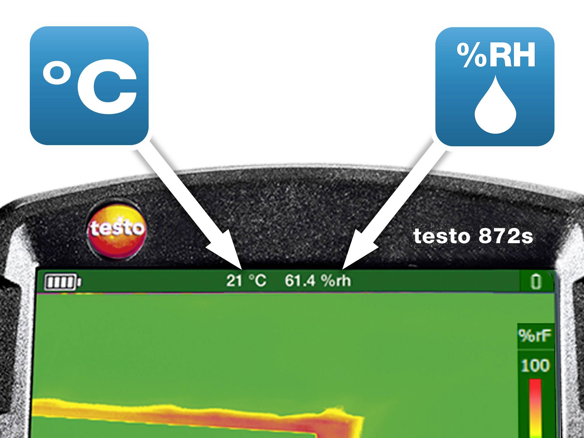 Il display del Testo 872s mostra una temperatura di 21°C e un'umidità relativa del 61,4%, con simboli per °C e %RH.