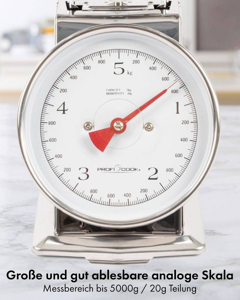 Bilancia da cucina analogica con indicatore rosso, ampio display e scala da 0 a 5 kg. Iscrizione: Campo di misura fino a 5000g / divisione da 20g.
