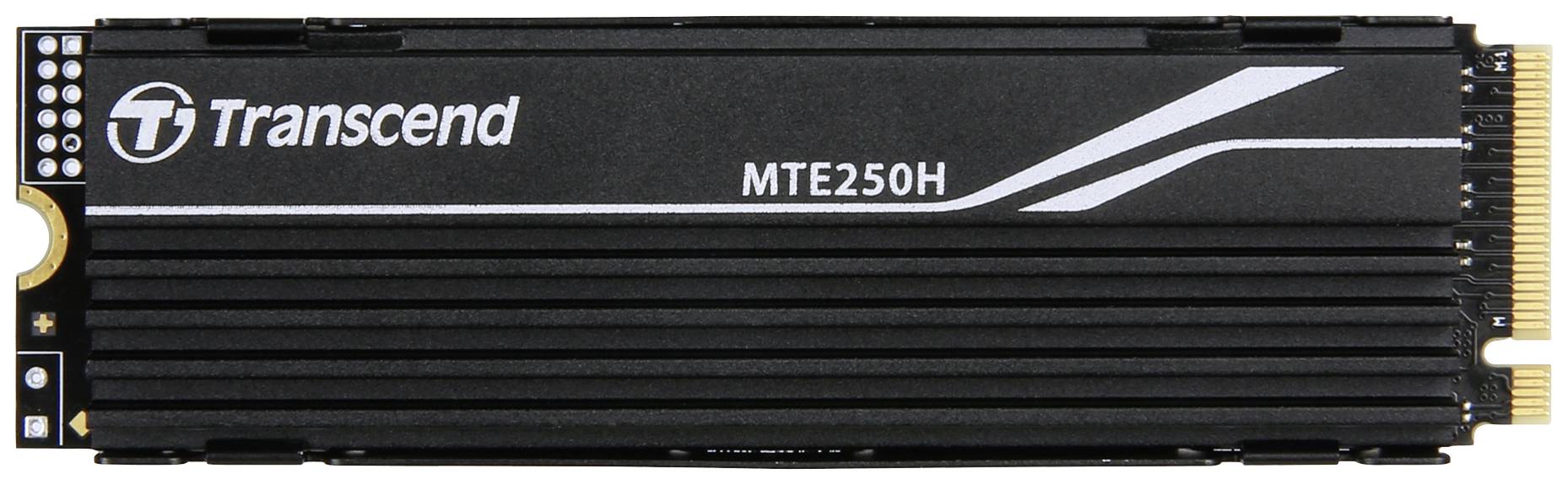 SSD interna Transcend, modello MTE250H, in nero con connettore dorato sul lato destro.