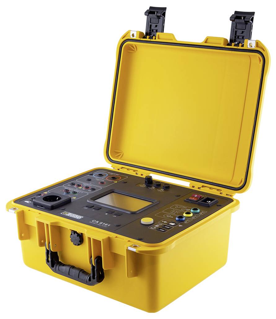 Dispositivo di misurazione portatile giallo in valigetta, con diversi pulsanti e un display digitale, utilizzato per test elettrici.