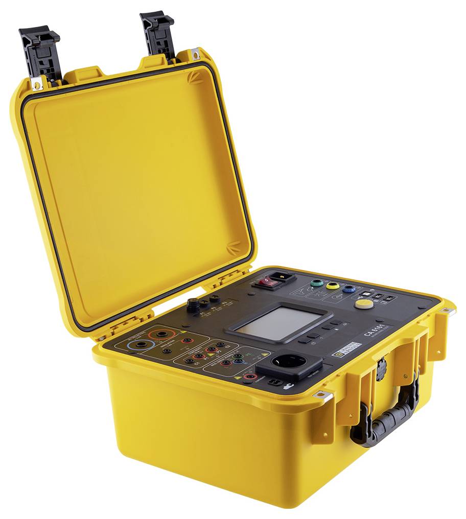 Dispositivo di test portatile giallo con coperchio aperto, che mostra diversi connettori, pulsanti e un display sulla parte superiore.