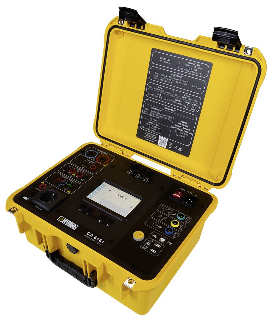 Dispositivo di misurazione portatile giallo con schermo e connessioni contrassegnate a colori. Utilizzato per test elettrici e diagnosi.