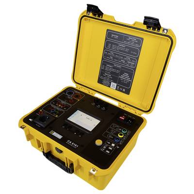 Dispositivo di misurazione portatile giallo con schermo e connessioni contrassegnate a colori. Utilizzato per test elettrici e diagnosi.
