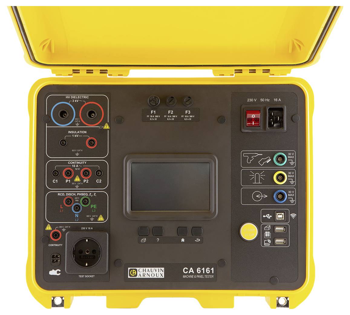 Un dispositivo di misurazione elettrico giallo con vari connettori e uno schermo centrale. Modello: 'C.A 6161'.