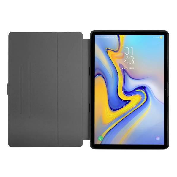 Un tablet con un design colorato dello schermo, racchiuso in una custodia nera, ora sul display: 01:43.