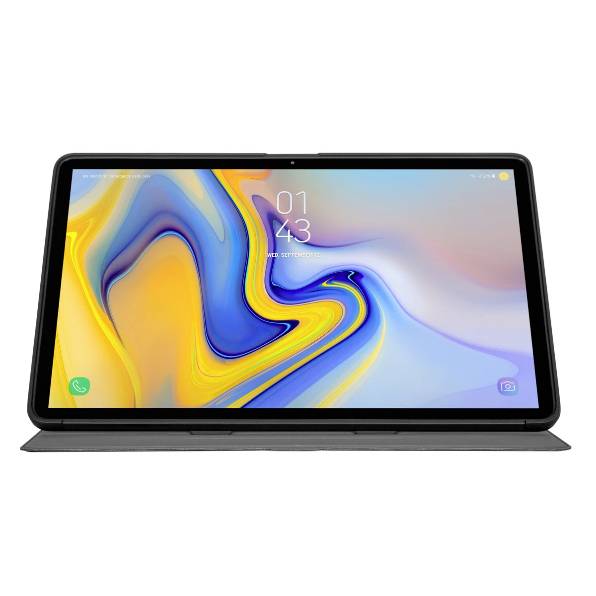 Un tablet con schermo colorato, che mostra l'ora '01:43'. Il display ha uno sfondo astratto multicolore.
