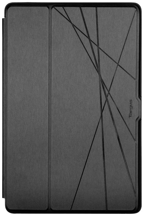 Custodia per tablet nera con motivo geometrico a linee, offre protezione e un design elegante.