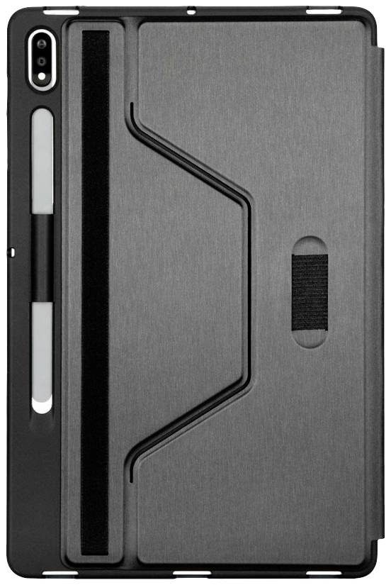 Custodia protettiva per tablet in nero, vista posteriore con porta penna e manico.