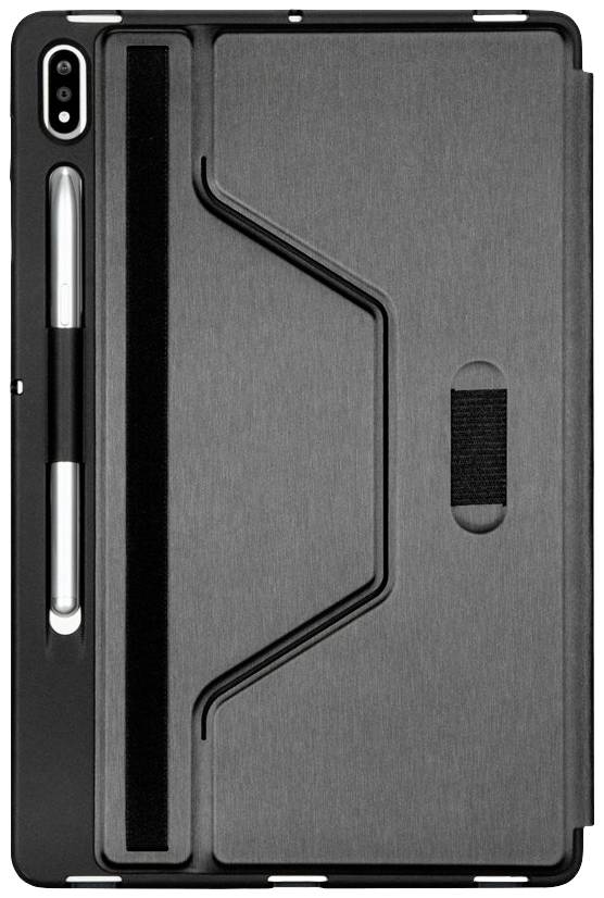 Custodia nera per tablet con supporto per penna, robusta e solida, protegge da graffi e offre una presa sicura grazie a una fascia elastica.