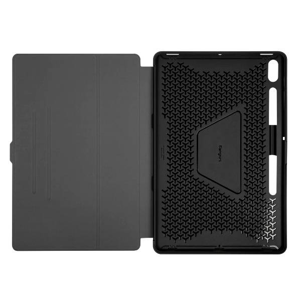 Custodia per tablet nera con motivo geometrico interno. Apribile, protegge sia il lato anteriore che quello posteriore.