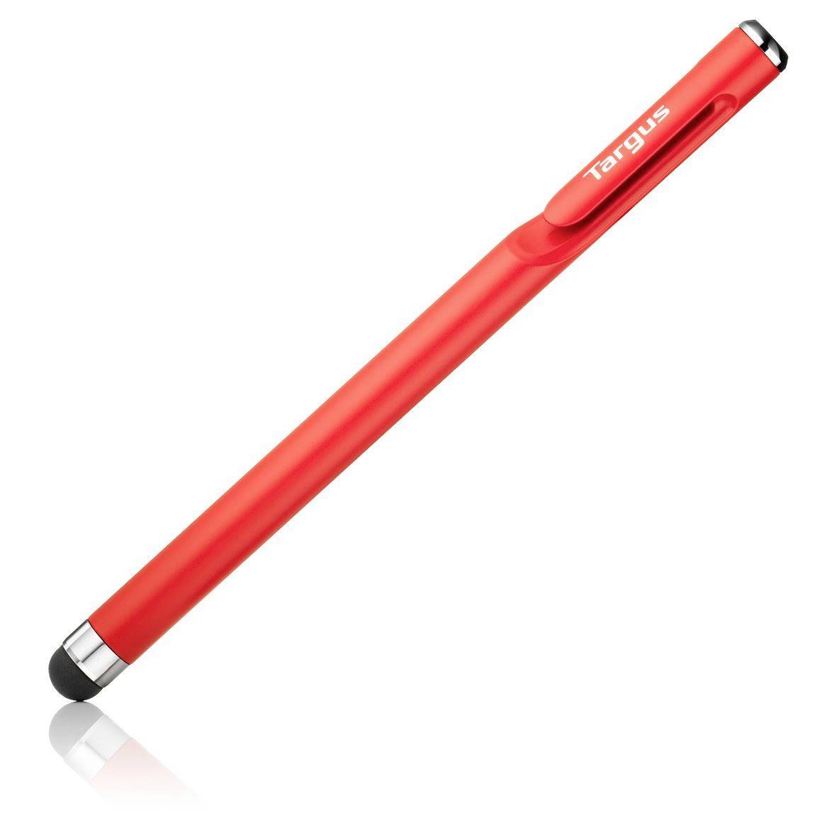 Una penna stilo rossa con punta in gomma nera, adatta per dispositivi touchscreen. Il nome del marchio 'Targus' è visibile.