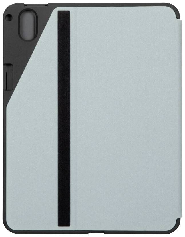 Un custodia per tablet blu chiaro con una striscia nera, adatta per un dispositivo con grande schermo touch.