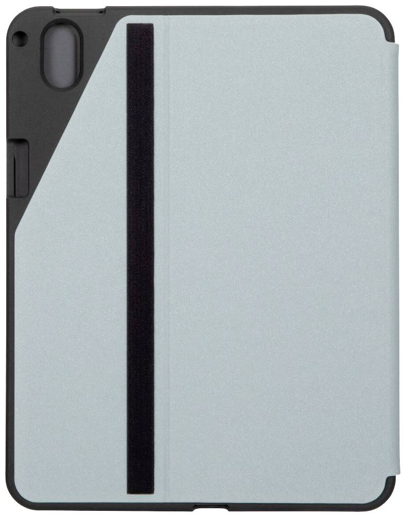 Una custodia blu per tablet o iPad con una striscia nera e un'apertura per la fotocamera, posizionata in uno stato leggermente aperto.