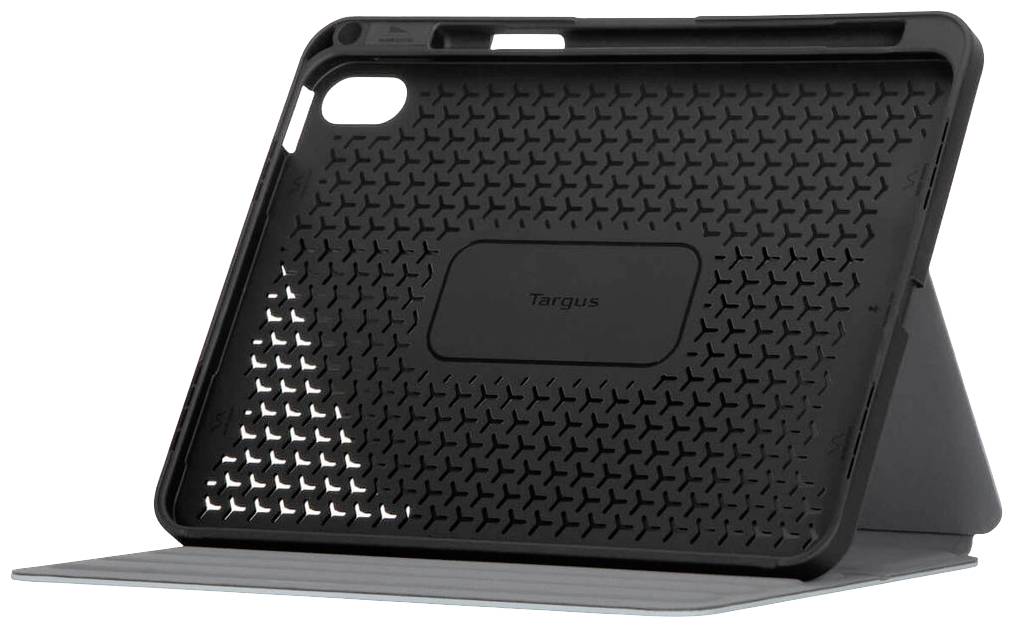 Custodia nera protettiva per iPad di Targus, apribile come supporto. Retro con motivo geometrico, foro per fotocamera in alto a sinistra.