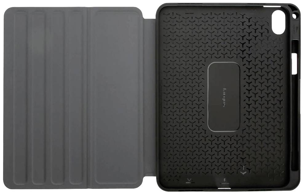 Custodia protettiva nera per tablet con copertura anteriore ribaltabile, imbottita internamente, offre protezione totale e stabilità durante l'utilizzo in modalità stand.