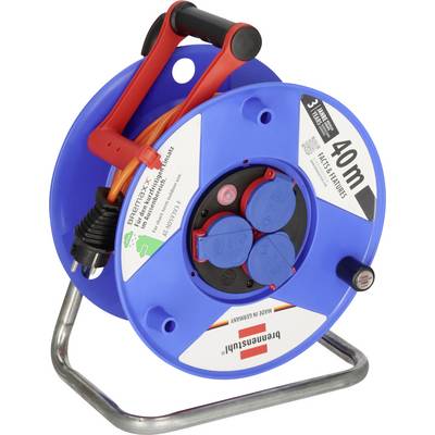 Avvolgicavo portatile blu con maniglia rossa e tre prese di corrente blu, etichettato 40m su un supporto in metallo.