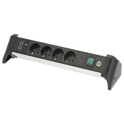 Multipresa nera con quattro prese e interruttore verde di accensione/spegnimento con cavo su sfondo bianco.