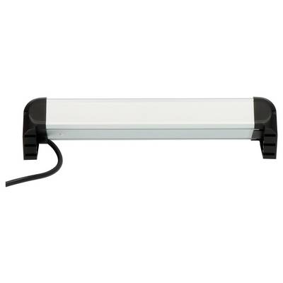 Una barra di illuminazione LED bianca e nera con cavo di alimentazione, mostrata su sfondo bianco.