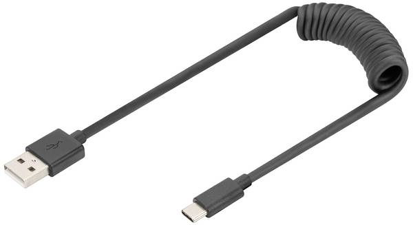 Digitus Cavo USB USB 2.0 Spina USB-A, Spina USB-C® 1.00 m Nero connettore applicabile su entrambi i lati, doppia schermatura, Flessibile, Cavo a spirale AK-300430-006-S