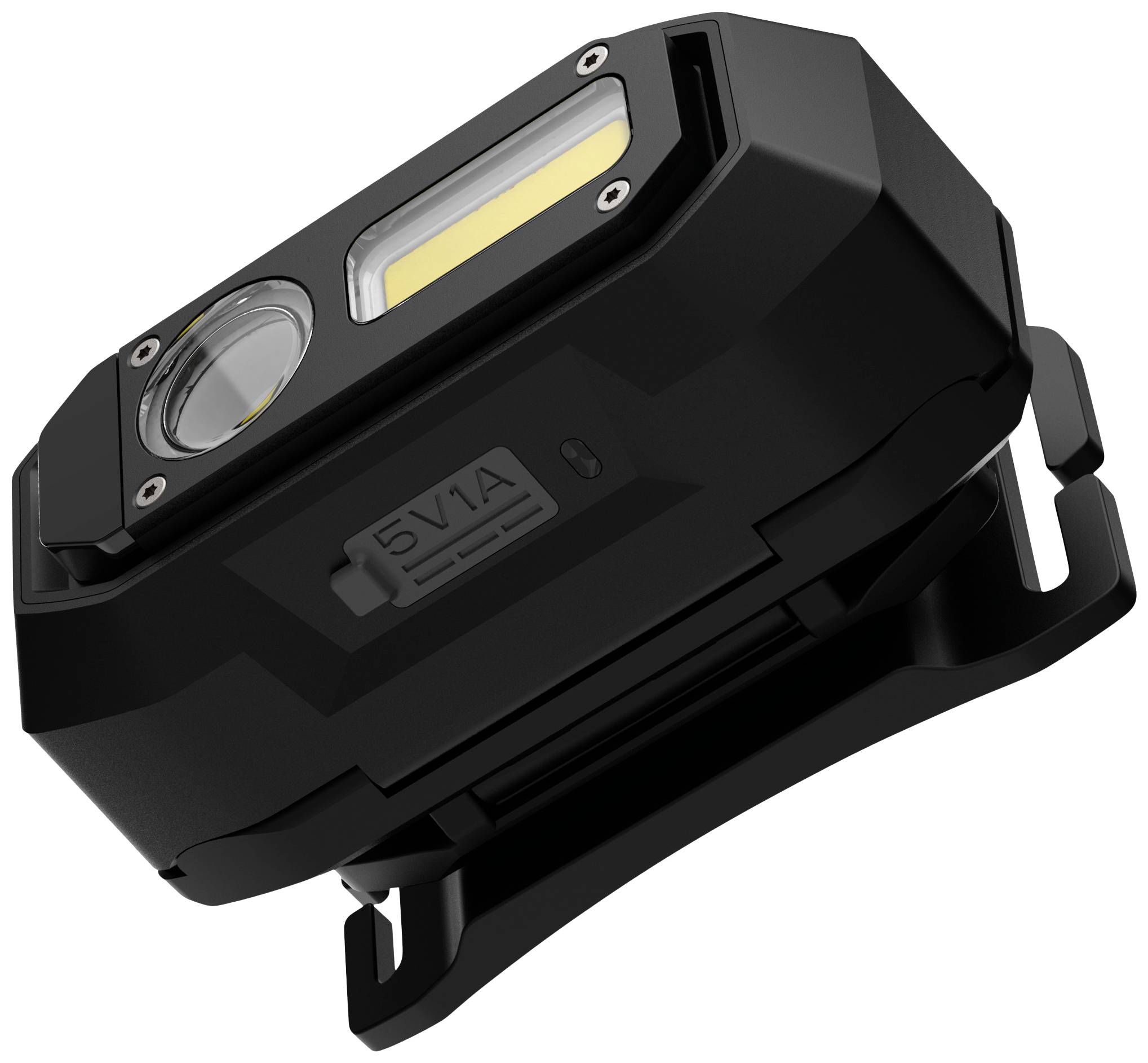 Un dispositivo nero e rettangolare con modulo fotocamera e illuminazione, probabilmente destinato a scopi di sicurezza o sorveglianza, su sfondo bianco.