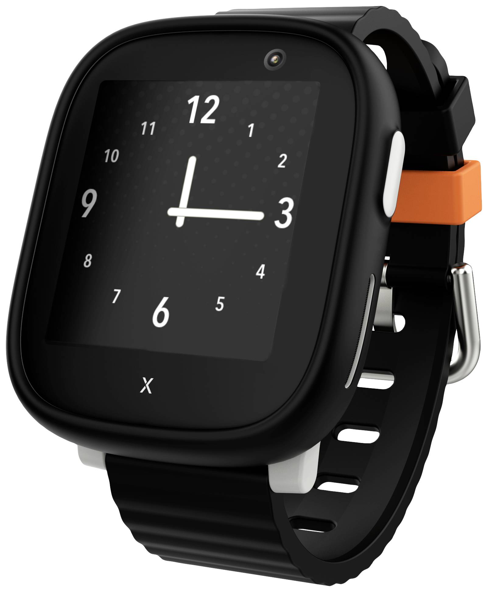 Smartwatch nera con display digitale, che mostra l'ora 10:09. Il cinturino ha un passante con un accento arancione.