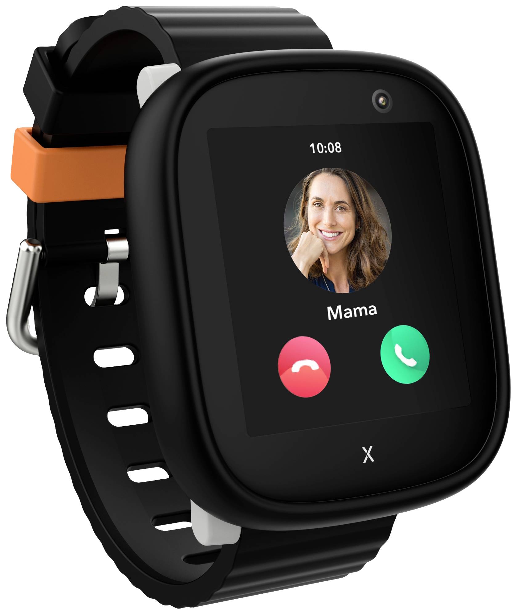 Smartwatch nera con schermo per chiamate. Mostra l'immagine di una donna sorridente e l'opzione di 'Accettare' o 'Rifiutare'.