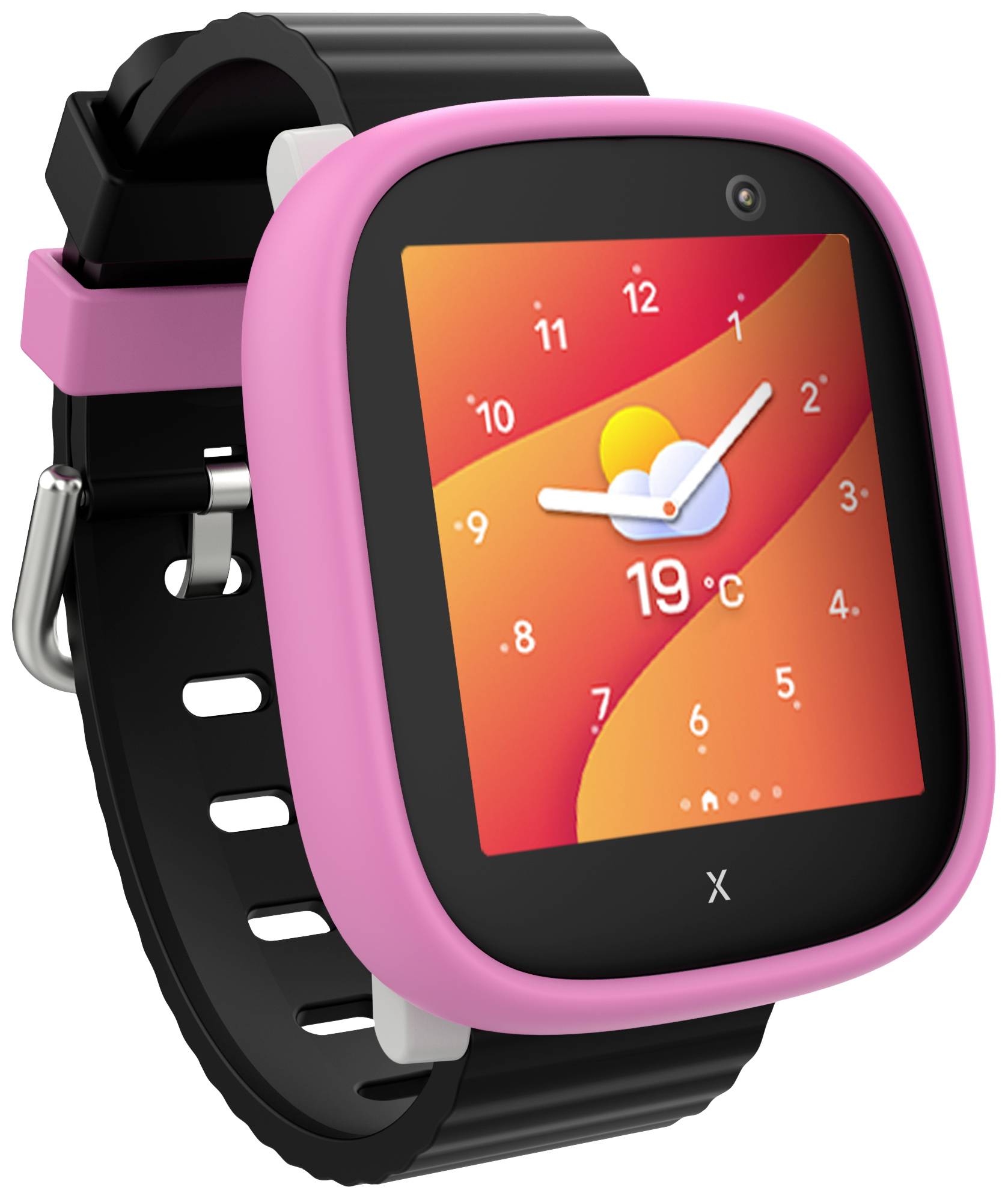 Un orologio digitale da polso con cinturino nero, cornice rosa, che mostra un orario e una temperatura di 19°C, simboleggiata da un sole.