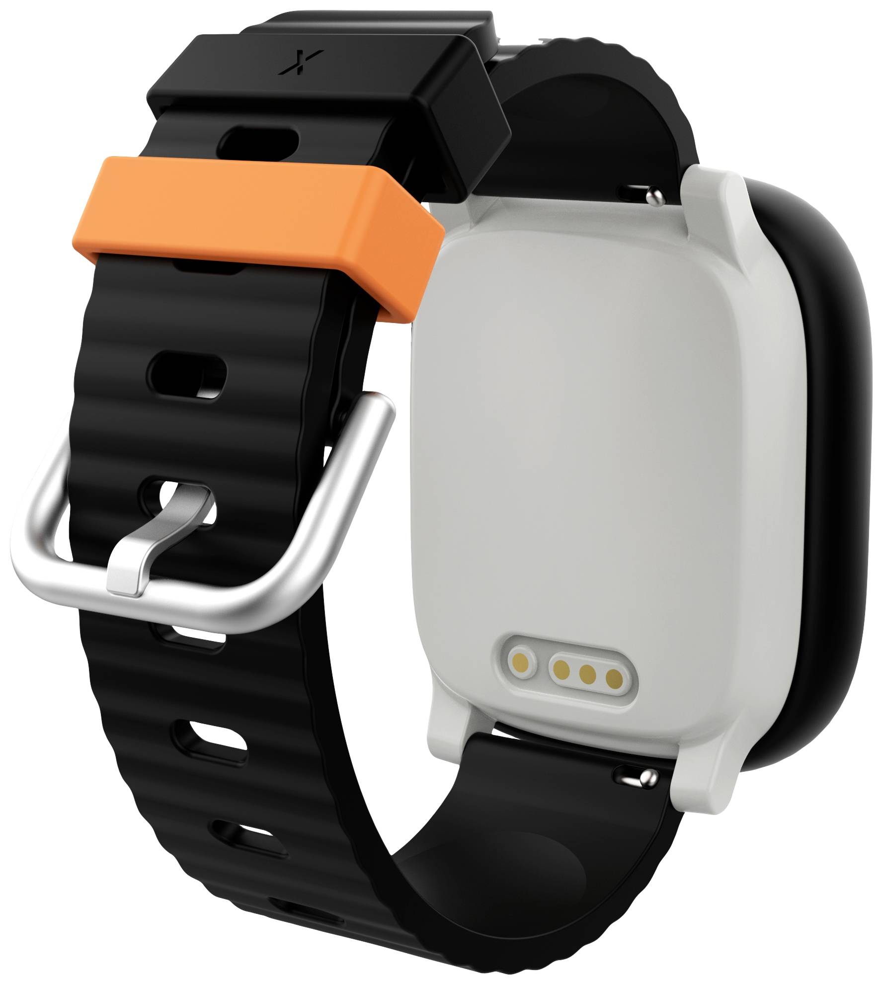 Un smartwatch viene mostrata dal retro. Ha un cinturino nero, una striscia arancione e una fibbia in metallo.